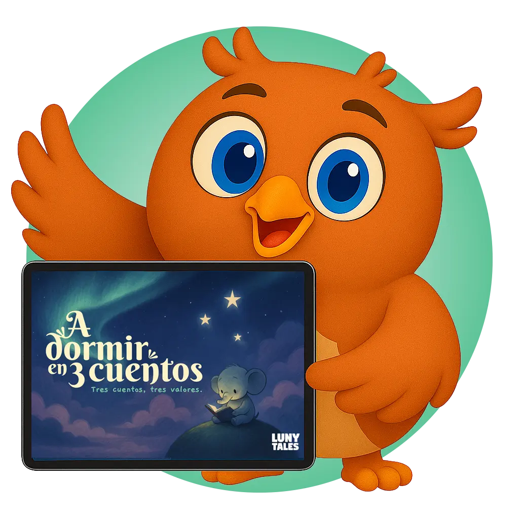 Luny, el búho mascota, sosteniendo una tablet con la portada de A dormir en 3 cuentos